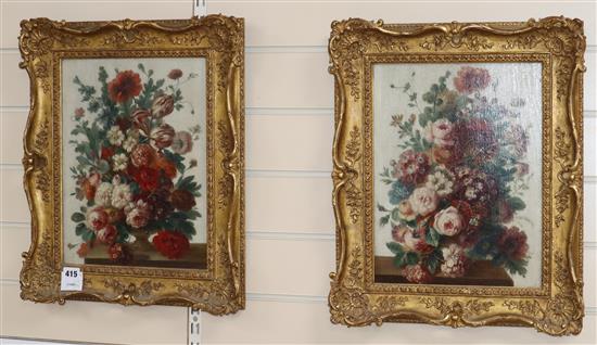 Late 19th century French School, pair of oils on panel, Still lifes of flowers in vases on ledges, 34 x 26cm